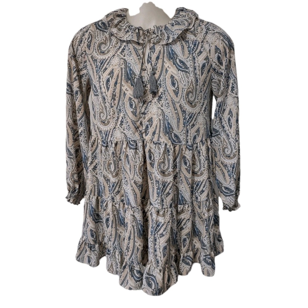 Grace + Karma Dress Size M Womens Boho Paisley Whimsical Blue Tiered Mini Retro